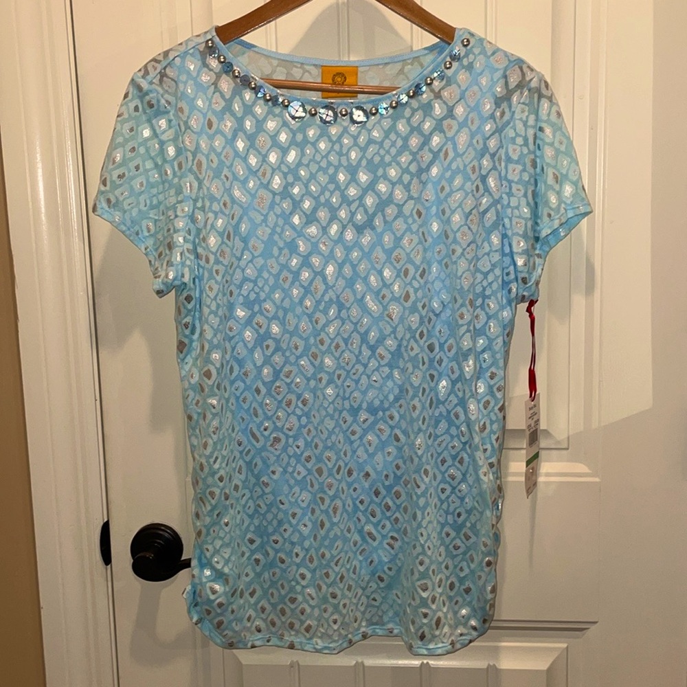 L  Ruby Rd. (Large) Shortsleeved lined Porcelain Blue Silver print Top